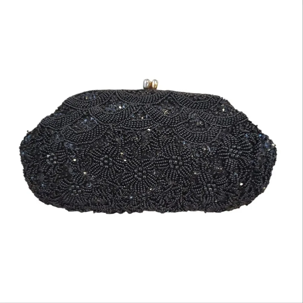 VTG 50s 60s Black Handmade Hong Kong‎ Beaded Sequins Kiss Lock Clutch